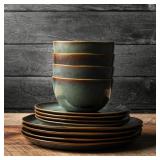 12 Piece Modern Stoneware Dining Set, Teal Brown,