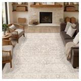 Washable Area Rug, 8x10 Beige Retro Low Pile, Indo