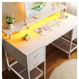 47" White Computer Desk with 4 Drawers, LED Light
