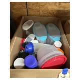 Box of cups, plastic storage containers & more