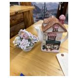 Porcelain Flower Basket & Tea Shop Pitcher