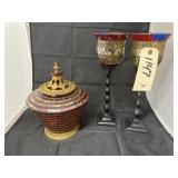 3 Pcs - 2 Candle Holders & Bowl w/Lid