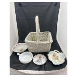 Basket w/Assorted Glass Saucers & Bowls