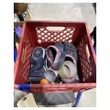 Plastic Milk Crate w/Crocs sz 5 & Clark Sandals