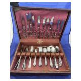 Wooden Box w/Rogers Stainless Flatware