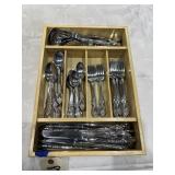 Wooden Tray w/Assorted Flatware
