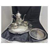 Silver Plated Teapot - Platter - Sugar - Creamer