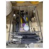 Metal Basket w/Assorted Kitchen Knives