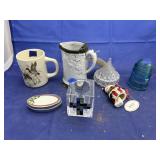 6 pcs. Glass insulator, snowman, trinket box