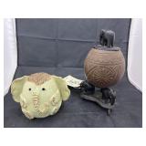 Pottery Elephant Coin Bank & Wooden Jar w/Lid