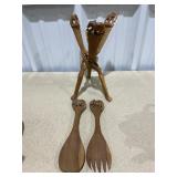 Wood Carved Salad Utensils on stand