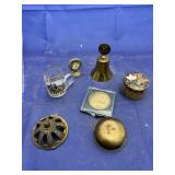 Assorted metal coins, bell, cup, & more