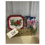 Pile of assorted Christmas dï¿½cor, plate, glasses