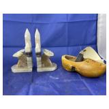 Hand Carved Stone Bookends & Wooden Shoe