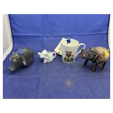 4 pcs. Cup, creamer, glass elephant, & more