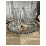 Glass Pitcher, vase, silver toned serving tray