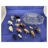 Glass Serving Dish w/assorted elephant figurines