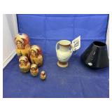 3 pcs. Russian Nesting Dolls, Pottery Vase