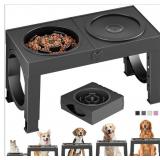 Elevated Dog Bowl, Black Plastic, Slow Feeder/Wate