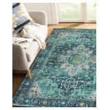 Ultra-Thin Washable Area Rug - Teal Traditional Or