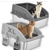 2 Pack Stainless Steel Cat Litter Box with Lid, XL