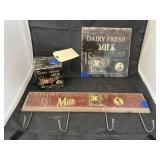 3 pcs. Coat hook, metal sign, & tin