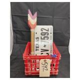 2 Texas license plates, a flask, bracelet, & more