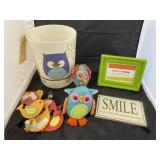 Owl Waste Basket, Picture Frame, Plushies