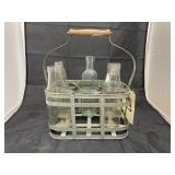 Metal Milk Bottle Carrier w/ some glass jars