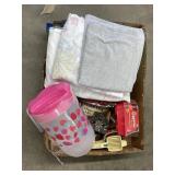 Asstd. Bed linens, plastic pitcher, egglets