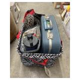 Canvas tote w/vintage suitcase, neck pillow