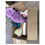 Box of asstd. Plush toys, bag ,party plates