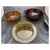 Divided glass plate & 2 glass bowls