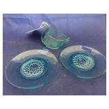 3 Pcs - Blue Glass Plates & Fenton Swan