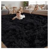 5x7 Ft Fluffy Shag Black Rug, Non-Slip Backing Are