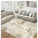 Area Rug, Washable, Beige/Grey, 9x12 Ft