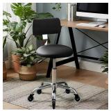 Rolling Stool Chair with Wheels, PU Black Leather,
