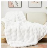 Latepis Throw Blanket, White, Faux Fur, Approx 50"