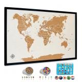 World Map Pin Board- 30"x20", Framed, Cork Wall,
