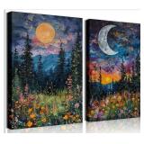 2 Ct. Canvas Wall Art, Unframed Moon Art, Dark For