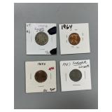 4 coins, Buffalo Nickel, 2 Pennies & Singapore