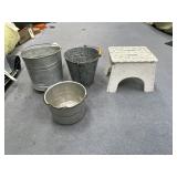 3 - Metal Buckets & Plastic Step Stool