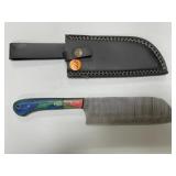 Handmade Damascus Steel Knife in Leather Sheath