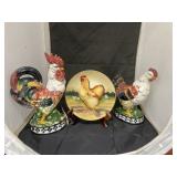 Collector Plate on Stand & Ceramic Roosters