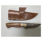 Handmade Damascus Steel Knife in Leather Sheath