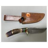 Handmade Damascus Steel Knife in Leather Sheath