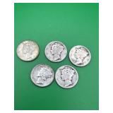 5 - Mercury Dimes 90% Silver