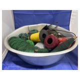 Metal Basin w/Sewing Supplies - Yarn - Twine