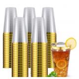 100pc 16 Oz Disposable Plastic Gold Rimmed Cups
