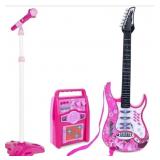 Kids Karaoke Microphone & Guitar Set- Pink, Batter